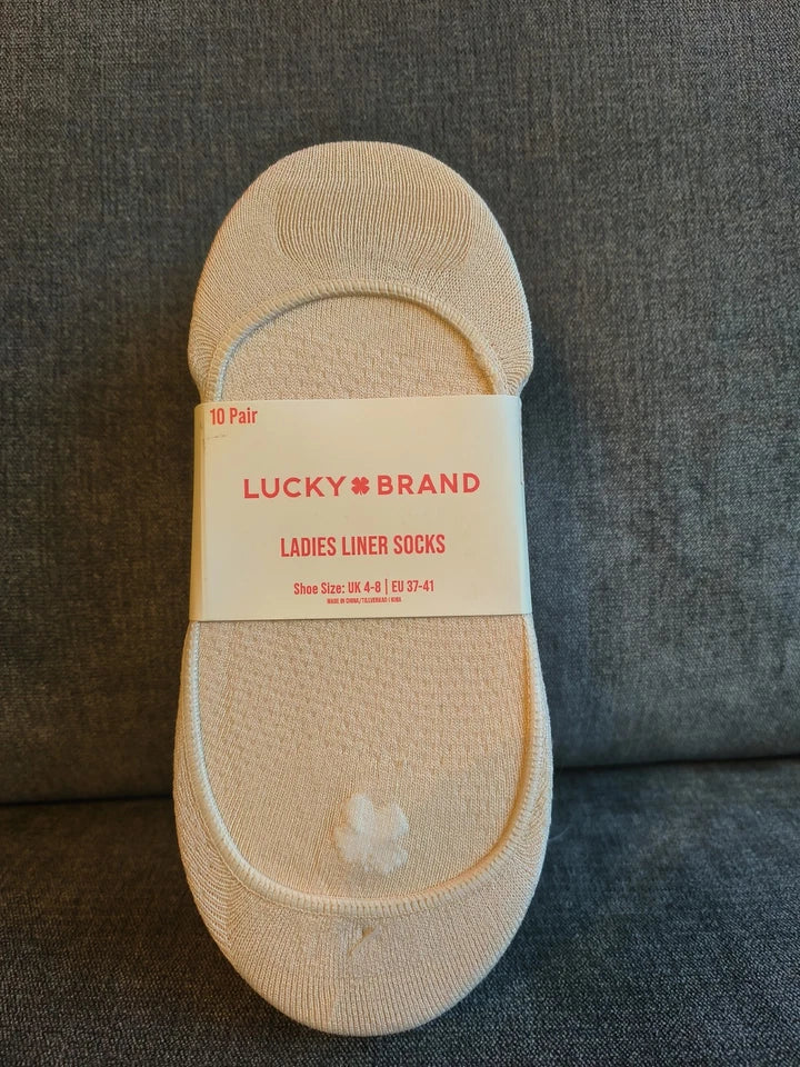 Lucky Brand Ladies Liner Socks Black Beige 10 Pairs Size 4-8 New With Tags