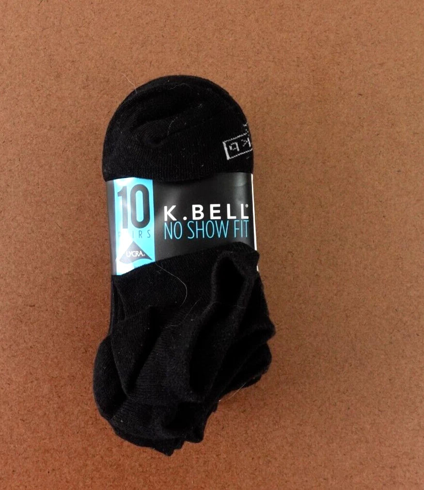 K Bell Women's Shoe Size 5.5-10 Black No Show Socks 10 Pairs NWT