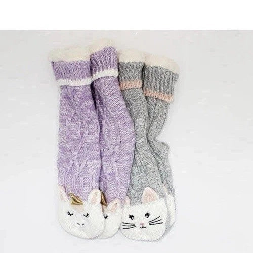 Jane and Bleecker Women's Slipper Socks Plush fill Lined 2-8UK Cat/Wolf 2 Pairs